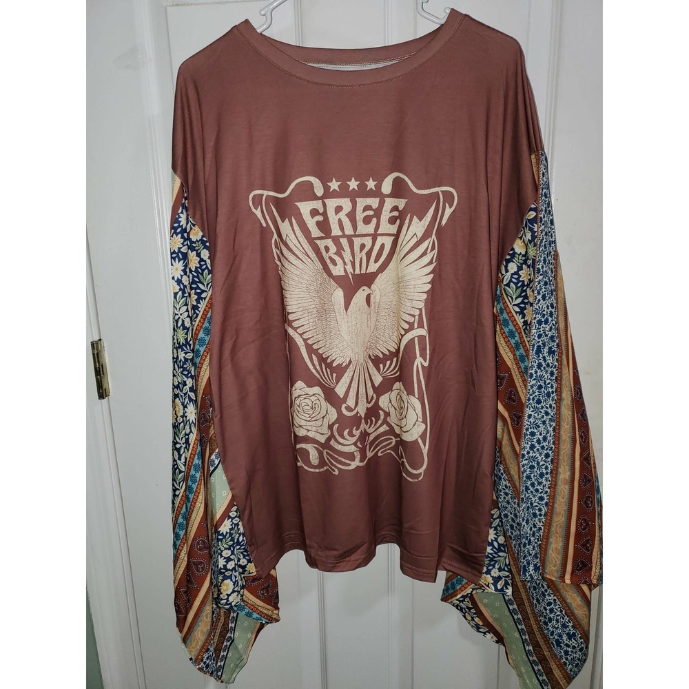 Free Bird Graphic Patchwork Bell Sleeve Tunic Top Brown 5XL (fits like 3x)